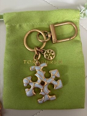 Tory Burch Gold-Tone Keychain with Pale Blue Enamel Logo Charm